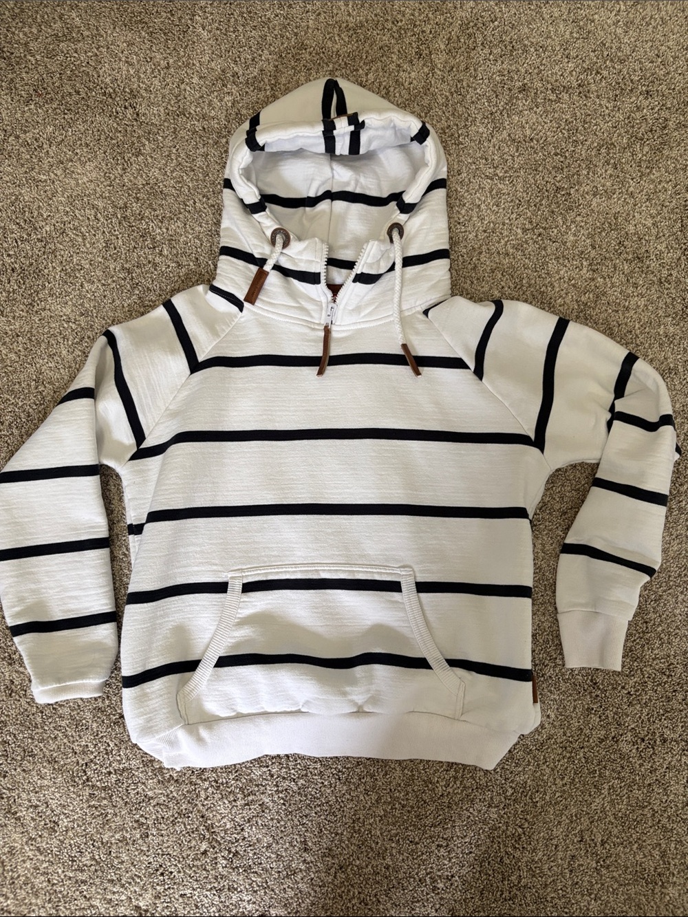 Women's White w/ Navy Striped Hooded Pullover Sweatshirt
